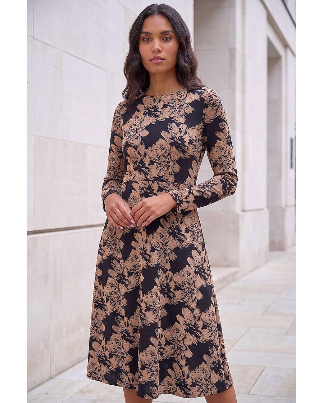 Roman Natural Floral Print Ponte Midi Dress