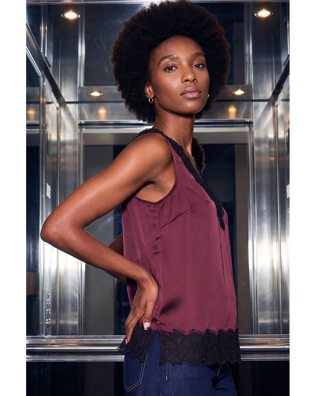 Roman Multicolor Lace Trim Satin Cami Top