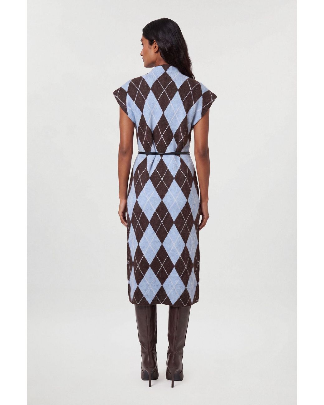 Karen Millen Blue Studded Argyle Wool Blend Cosy Knit Belted Midi Dress