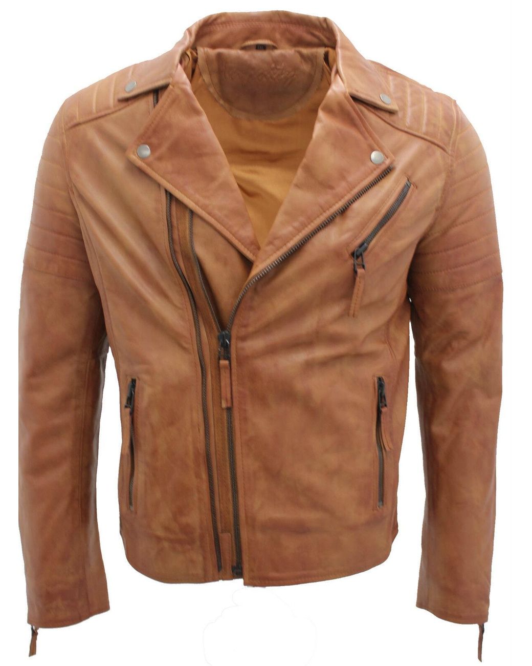 Infinity Leather Brown Slim Fit Brando Style Cross Zip Biker Jacket for men