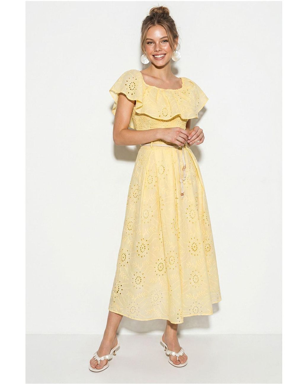 Bianco Lucci White Embroidered Off-Shoulder Blouse And Midi Skirt Set