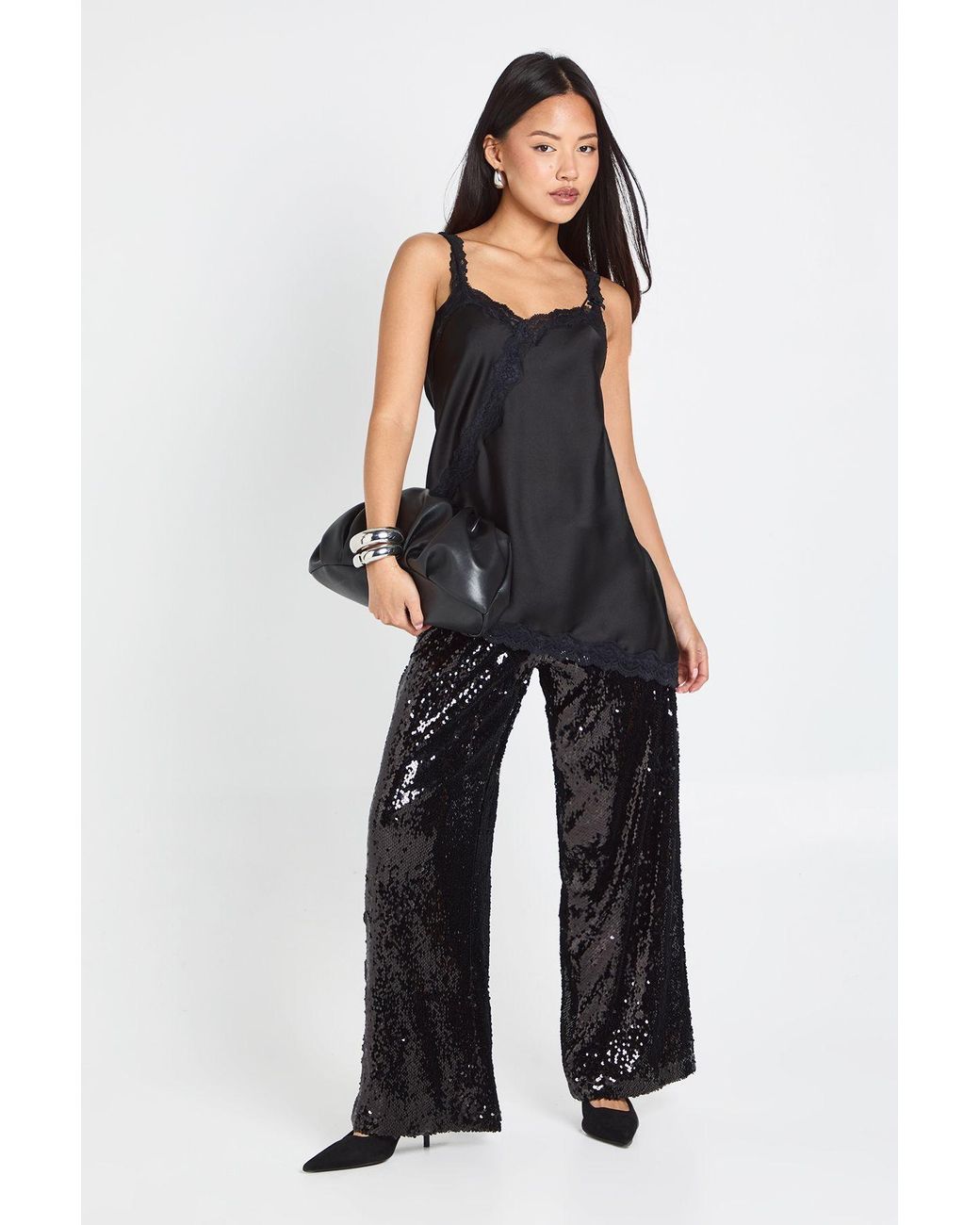 Boohoo Blue Petite Low Rise Drawcord Waistband Sequin Trouser