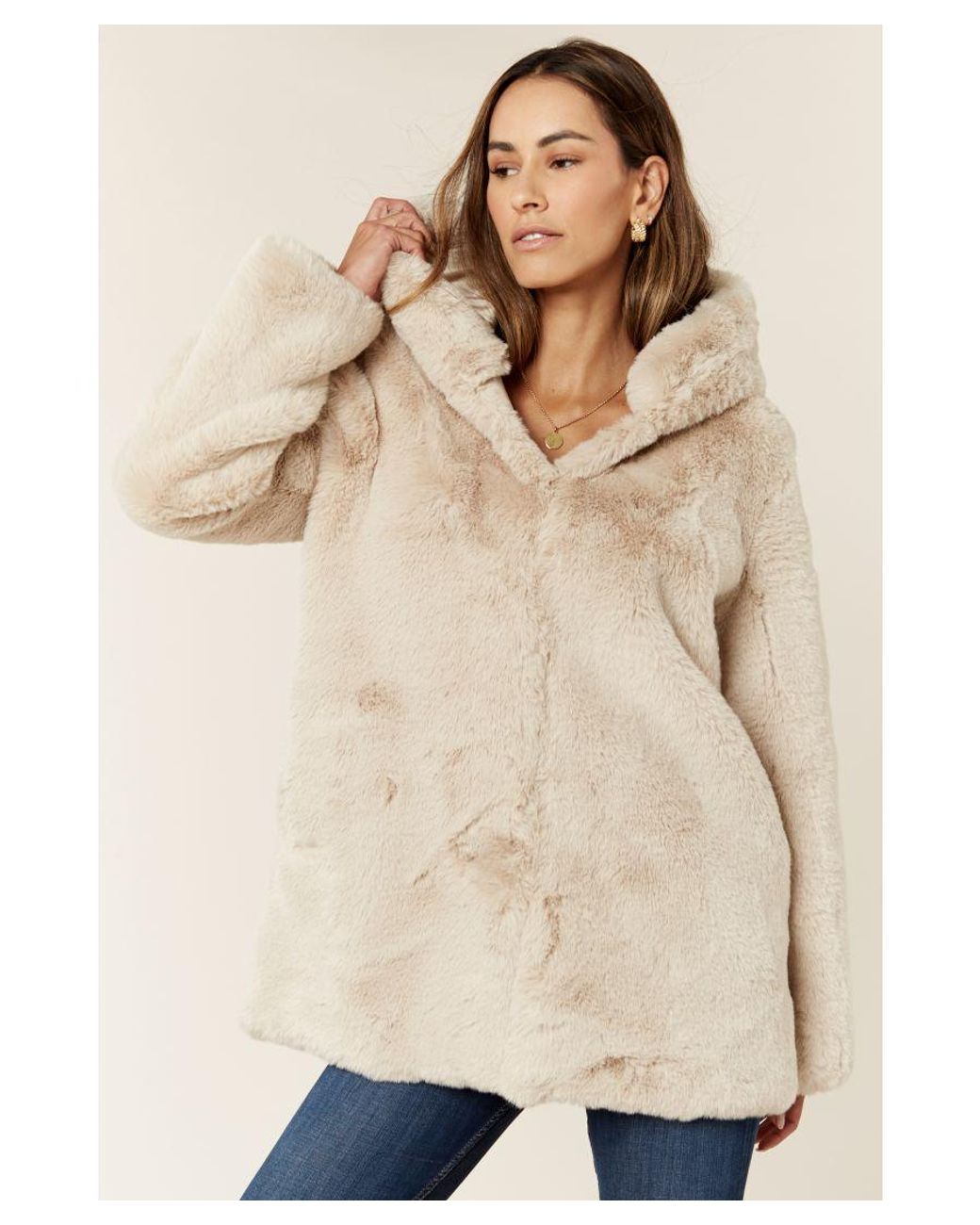 Gini London Natural Hooded Faux Fur Jacket