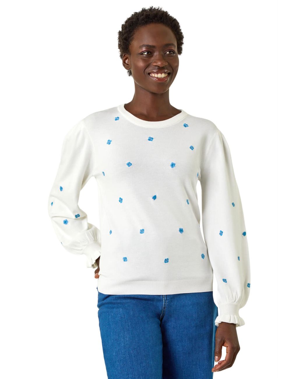 Roman White Floral Embroidery Knit Top