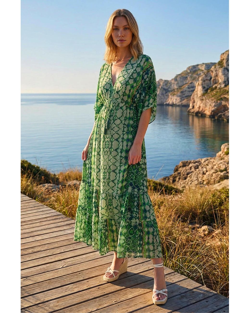 Roman Green Boho Aztec Maxi Dress