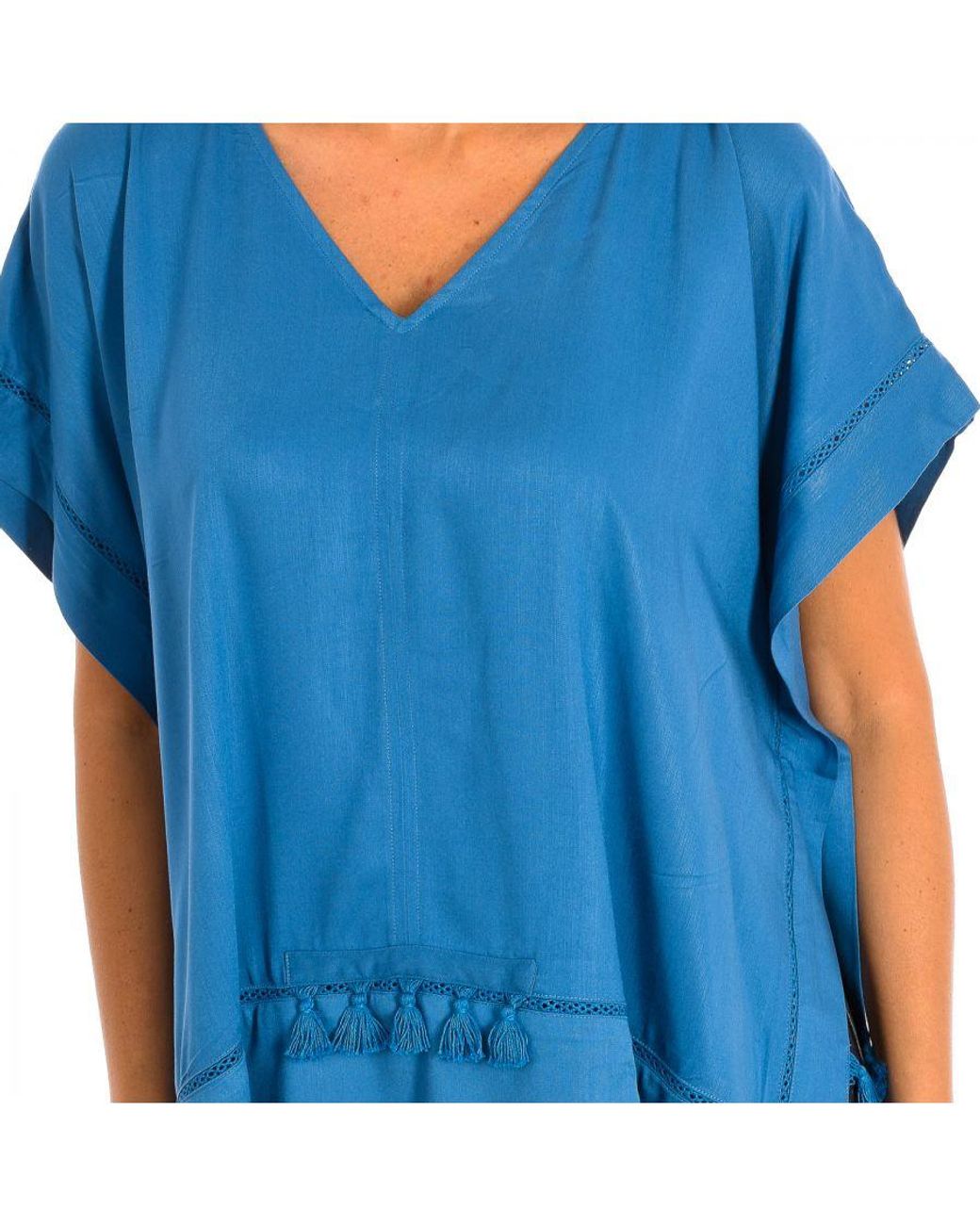 Karl Marc John Blue Loose Poncho With V-Neck Tassels 8949