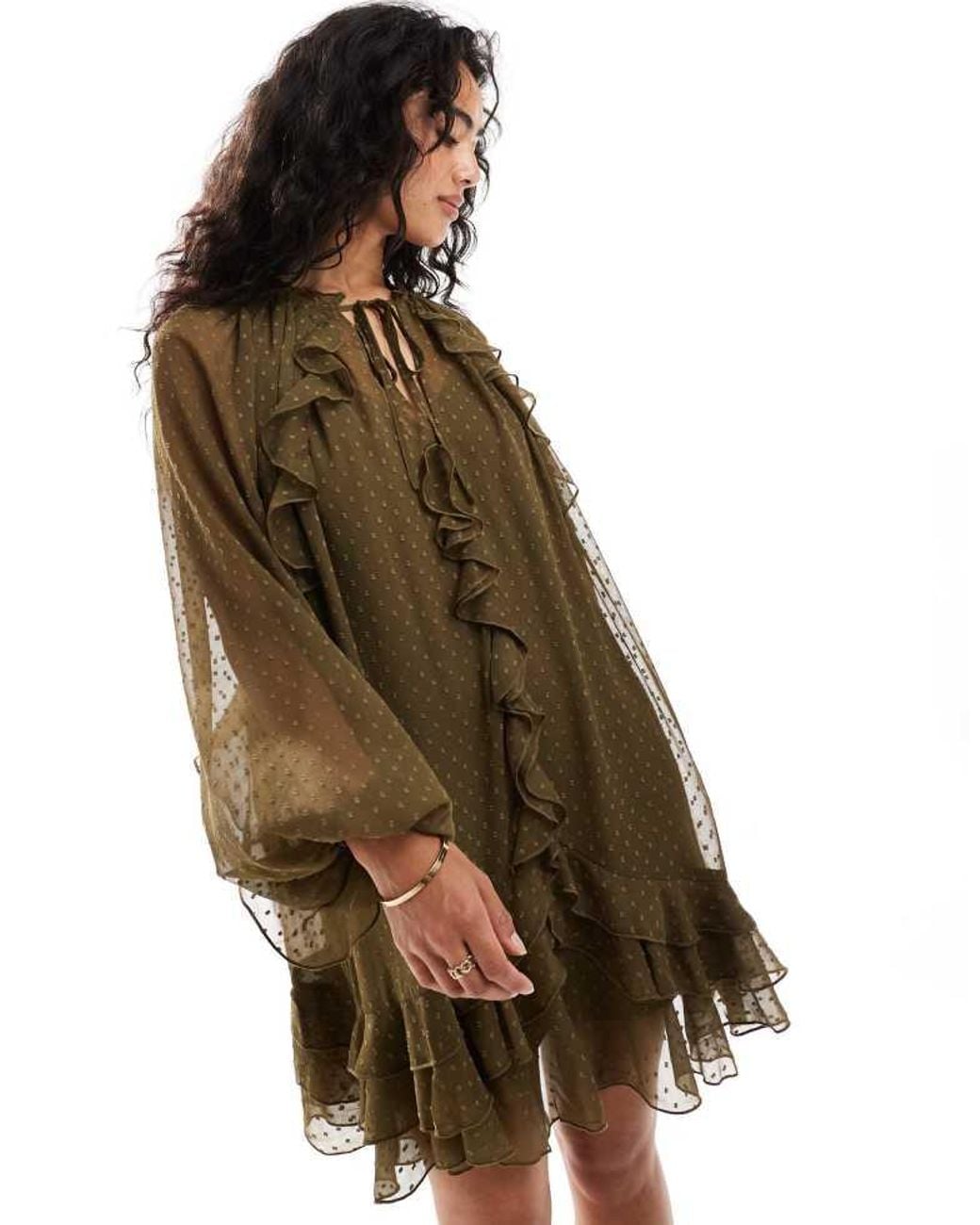 ASOS Natural Dobby Chiffon Mini Dress With Ruffles & Blouson Sleeve