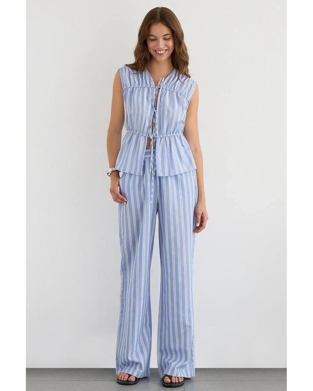Hiccup Blue Striped Sleeveless Button-Through Peplum Blouse