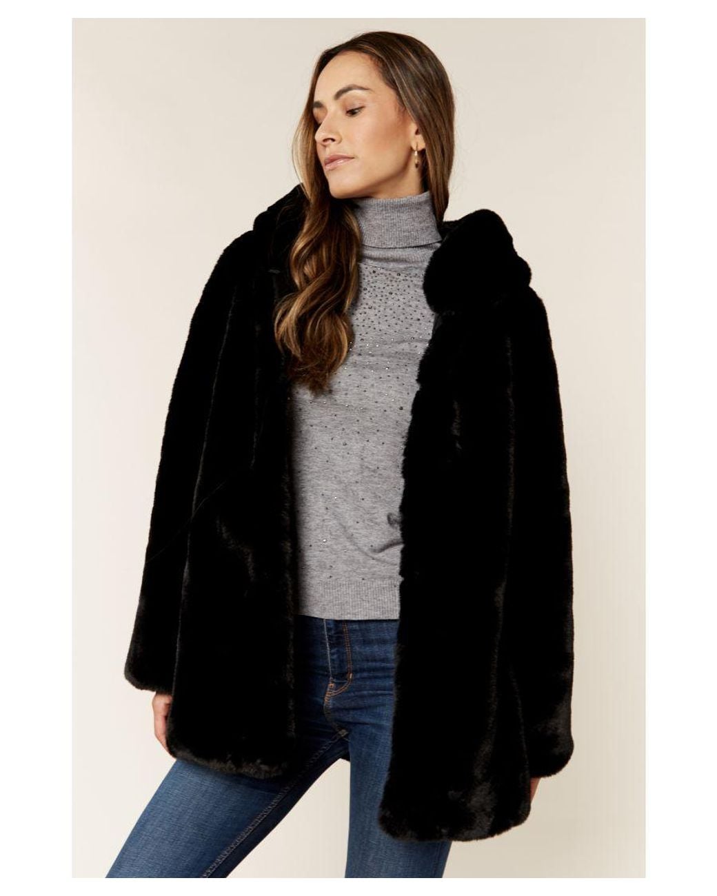 Gini London Black Hooded Faux Fur Jacket