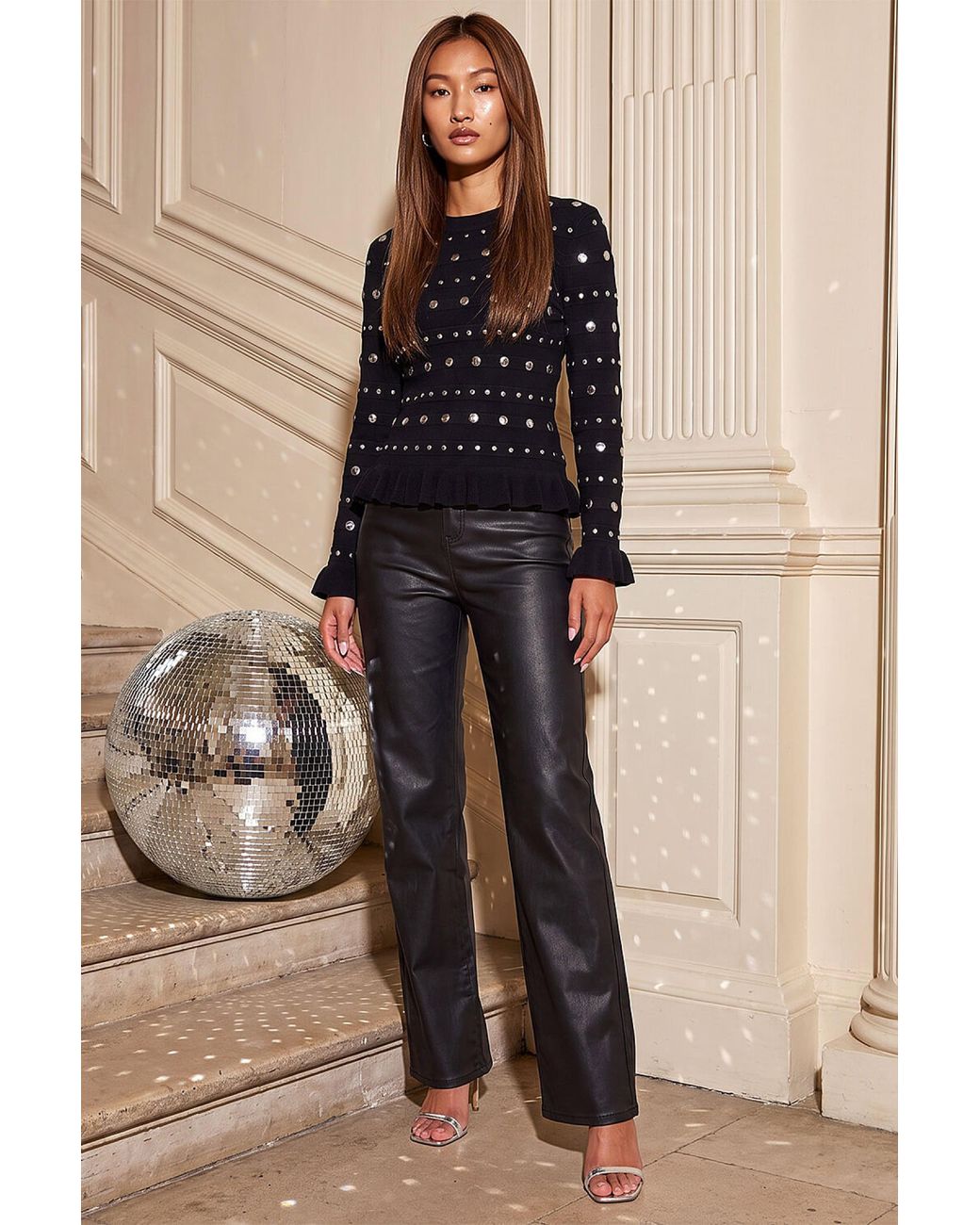 Roman Black Stud Frill Knit Top