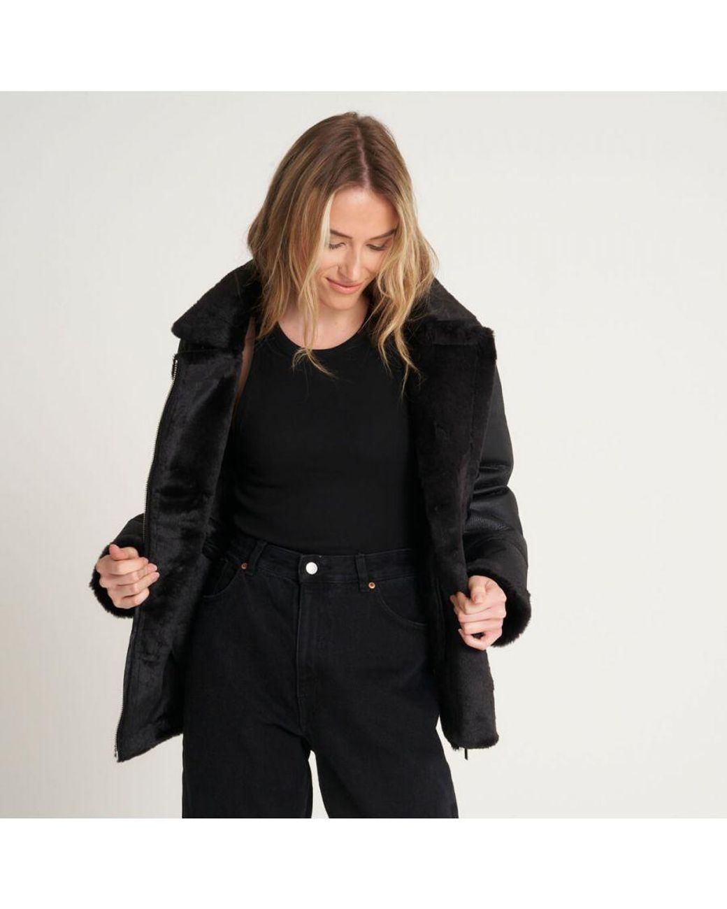 Barney's Originals Black Curve Faux Fur Aviator Coat