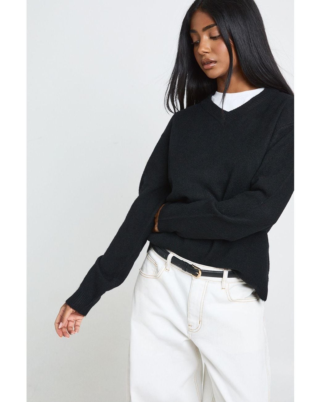 Boohoo Black Knitted V Neck Jumper