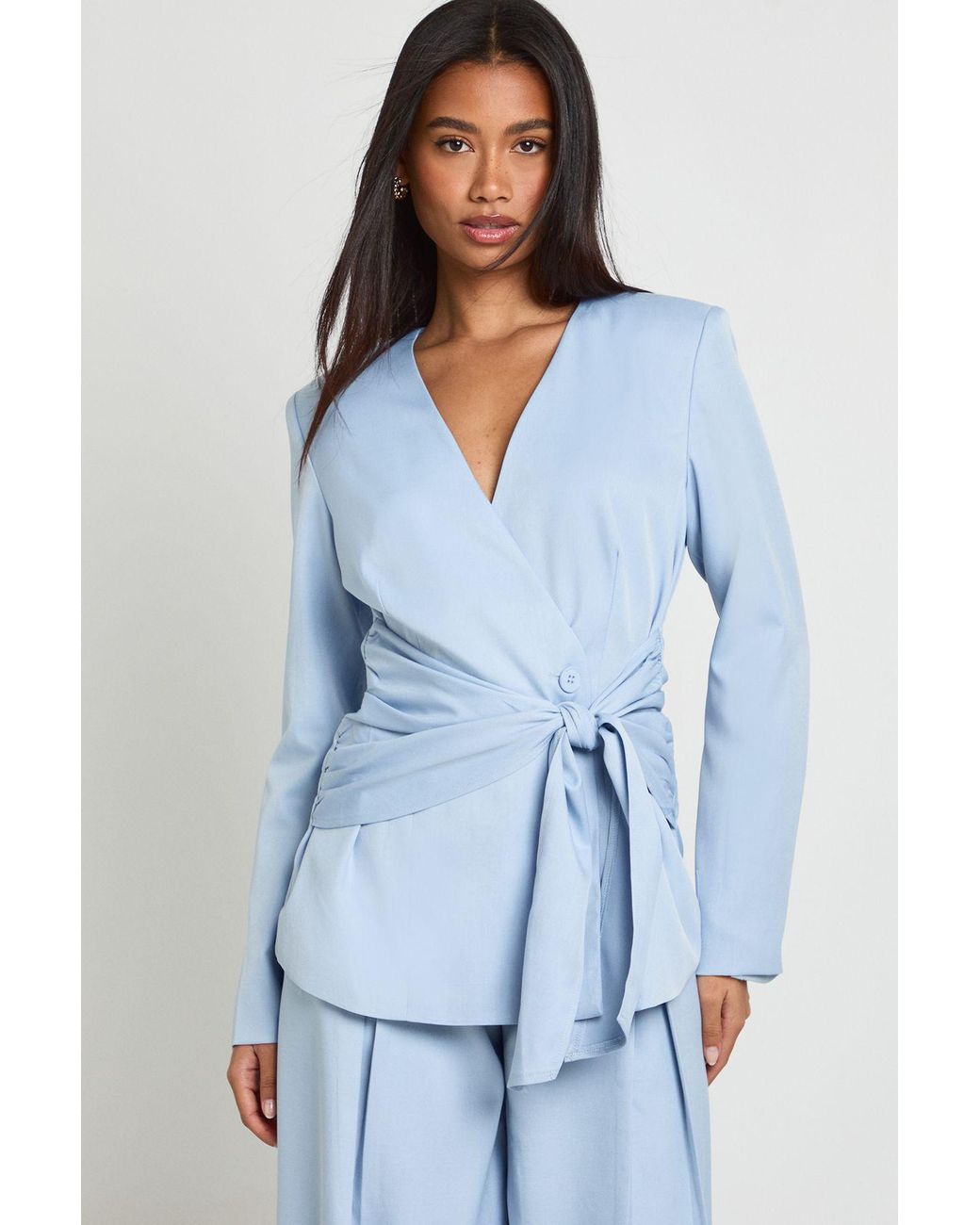 Boohoo Blue Drape Wrap Waist Blazer
