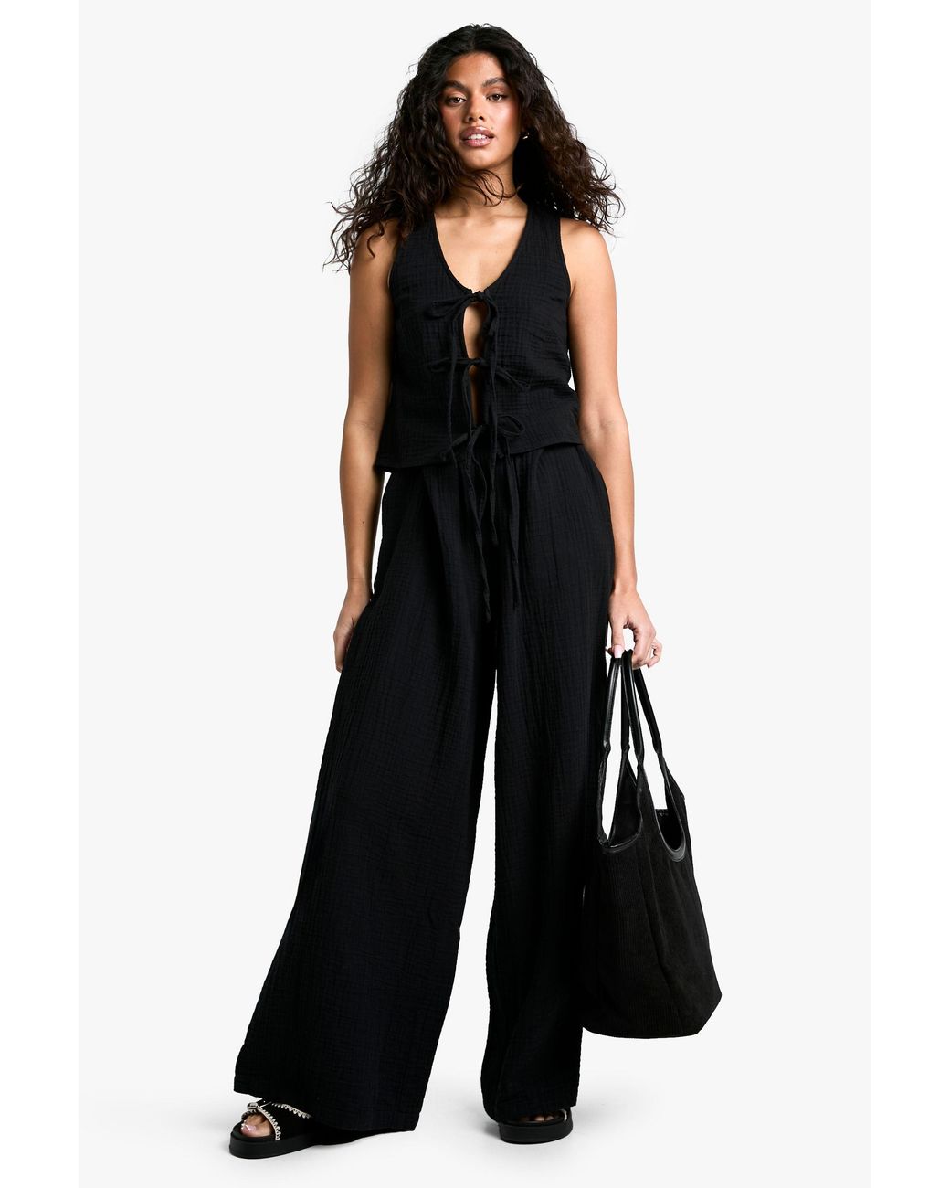 Boohoo Black Cheesecloth Elasticated Waist Wide Leg Pants