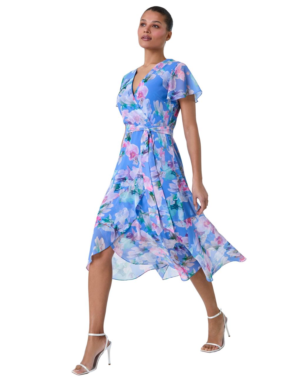 Roman Blue Floral Frill Detail Wrap Dress