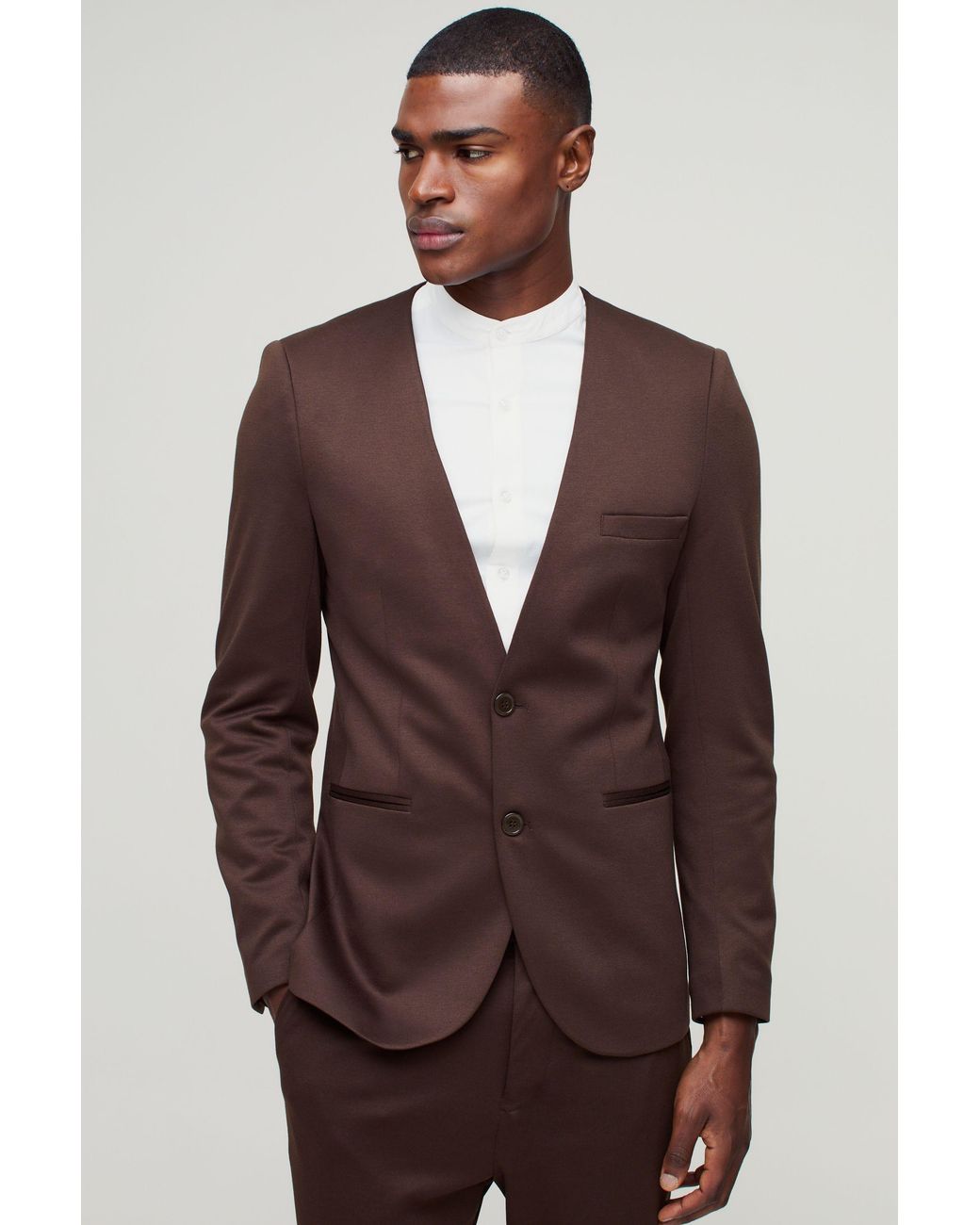 BoohooMAN Brown Slim Collarless Jersey Blazer for men