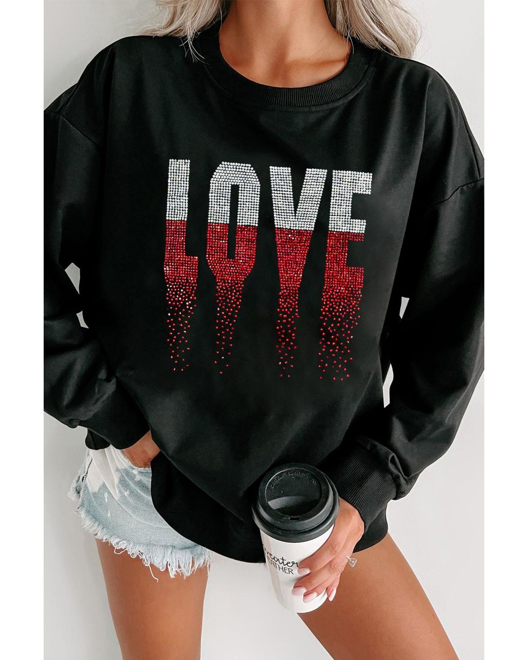 Azura Exchange Black Rhinestone Love Crewneck Sweatshirt