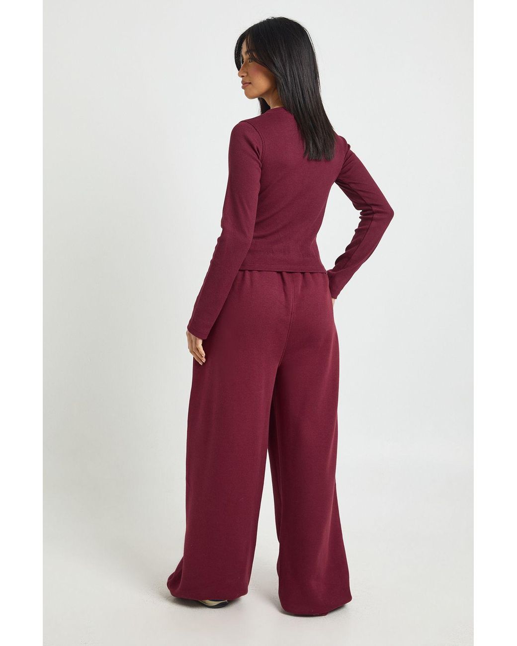 Boohoo Red Petite Rib Button Through Long Sleeve Top Tracksuit
