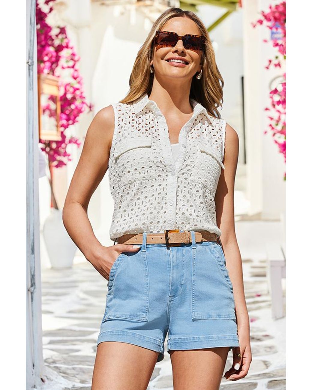 Sosandar Blue Ivory Broderie Cotton Sleeveless Shirt