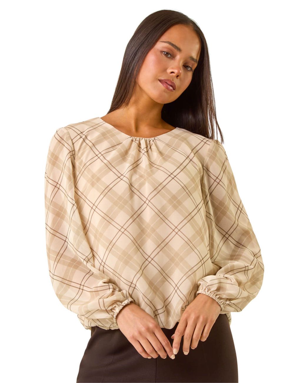 Roman Natural Petite Check Bubble Hem Top