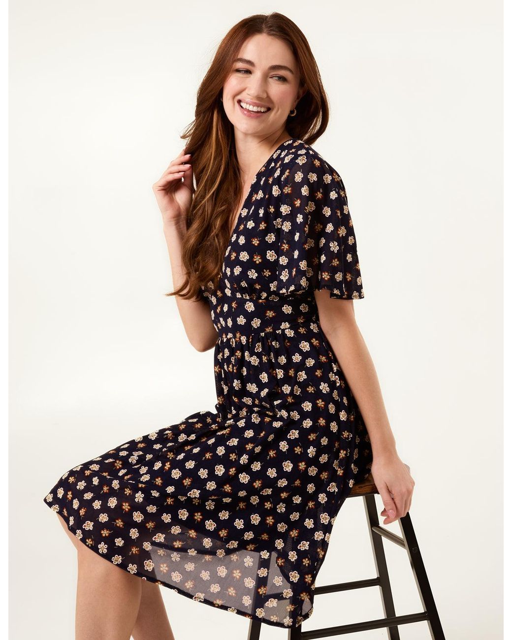Blue Vanilla White V Neck Tie Back Flower Printed Mini Dress