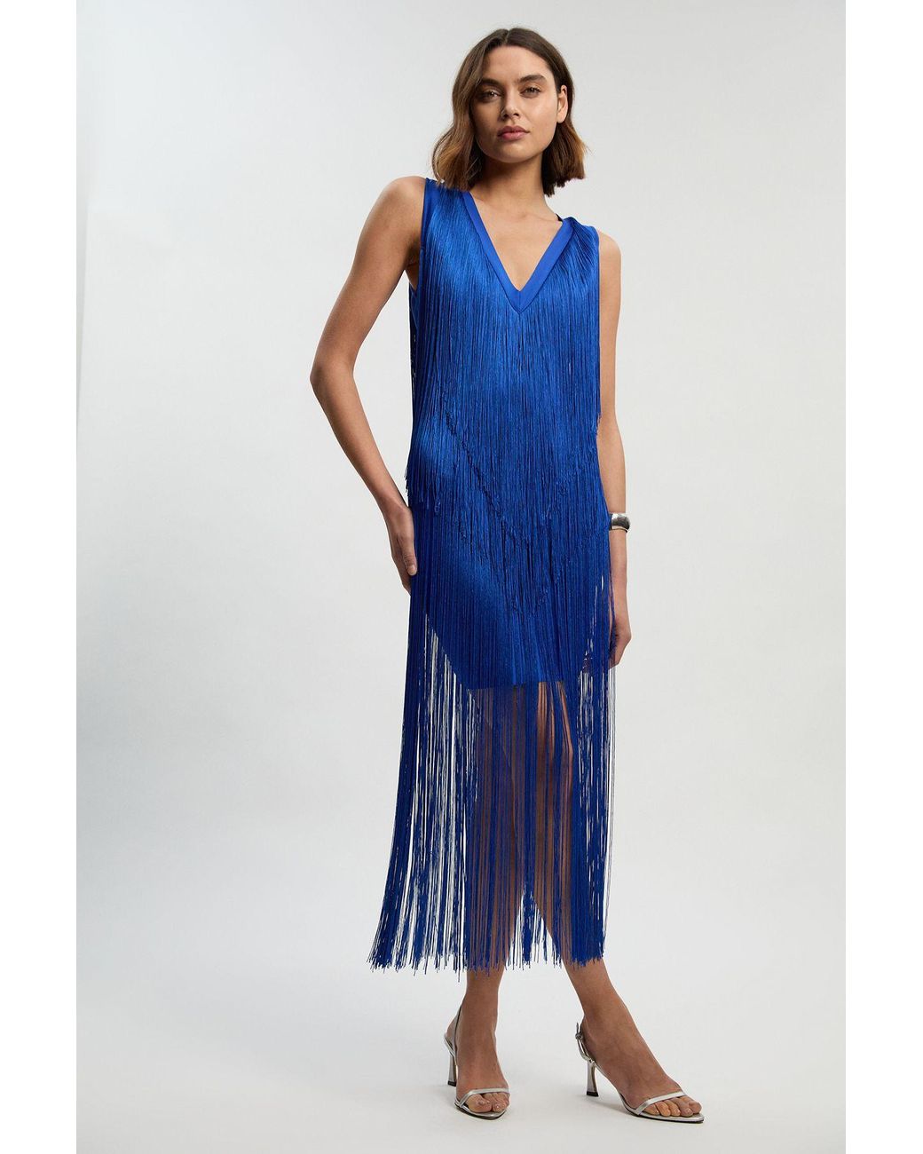Karen Millen Blue Fringe Bandage V Neck Knit Midi Dress