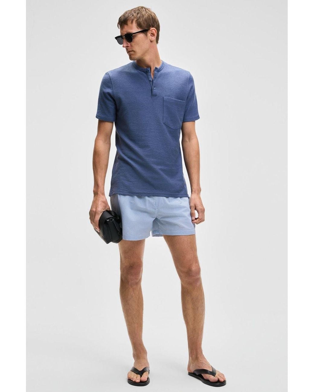 Grimelange Blue Mandarin Collar Button T-Shirt for men