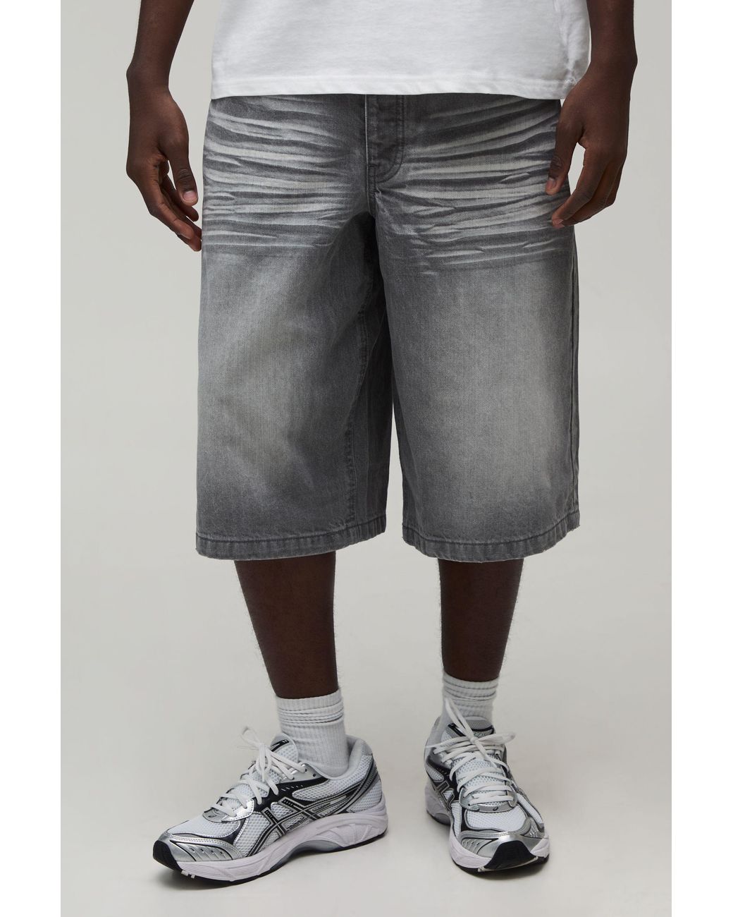 BoohooMAN Gray Longline Rigid Washed Denim Jorts for men