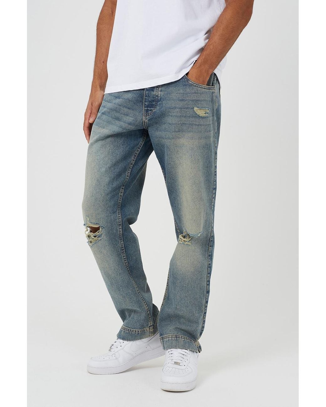 Brave Soul Blue Light Ripped Knee Wide Leg Denim Jeans With Side Hem Split Detail for men
