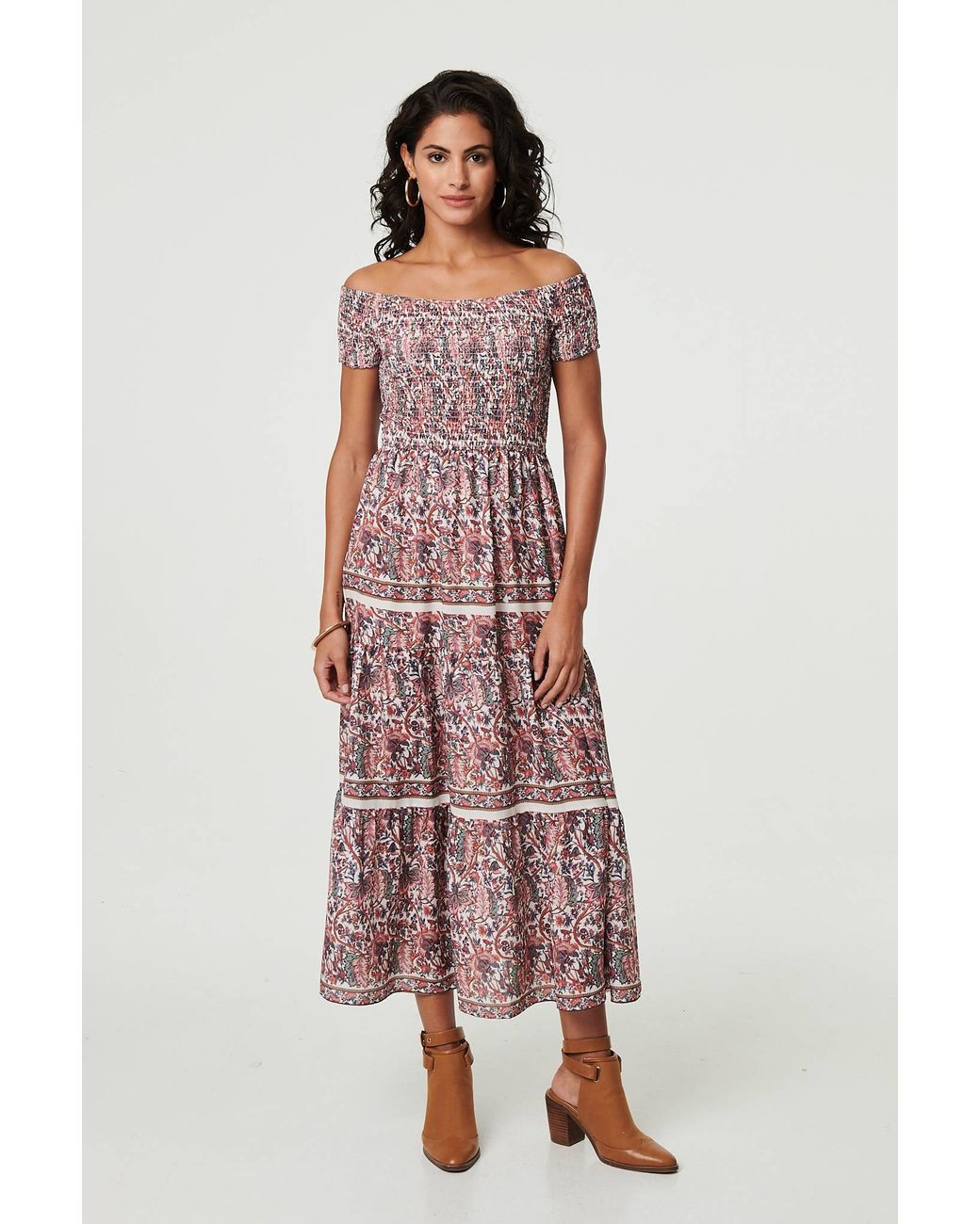 Izabel London Red Ditsy Floral Bardot Smocked Midi Dress