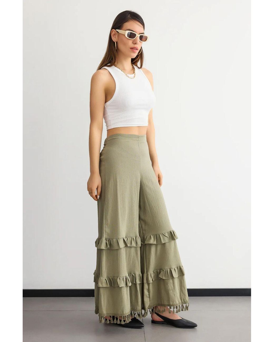 Hiccup Green High-Waist Wide-Leg Linen Trousers With Tassel-Hem