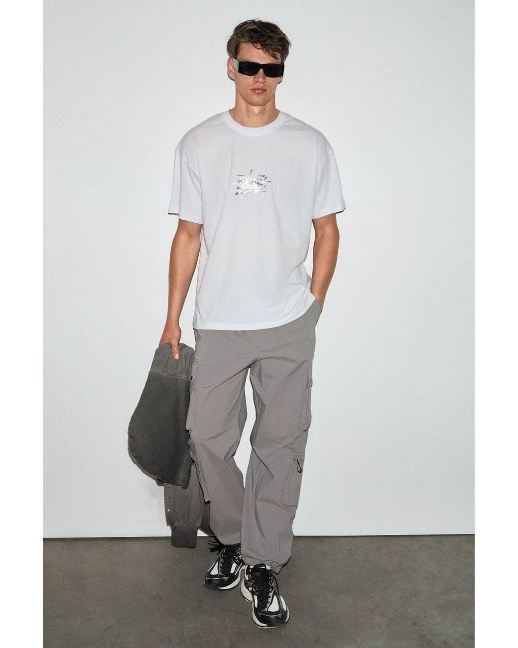 Grimelange Gray Printed Crew Neck Patch T-Shirt for men
