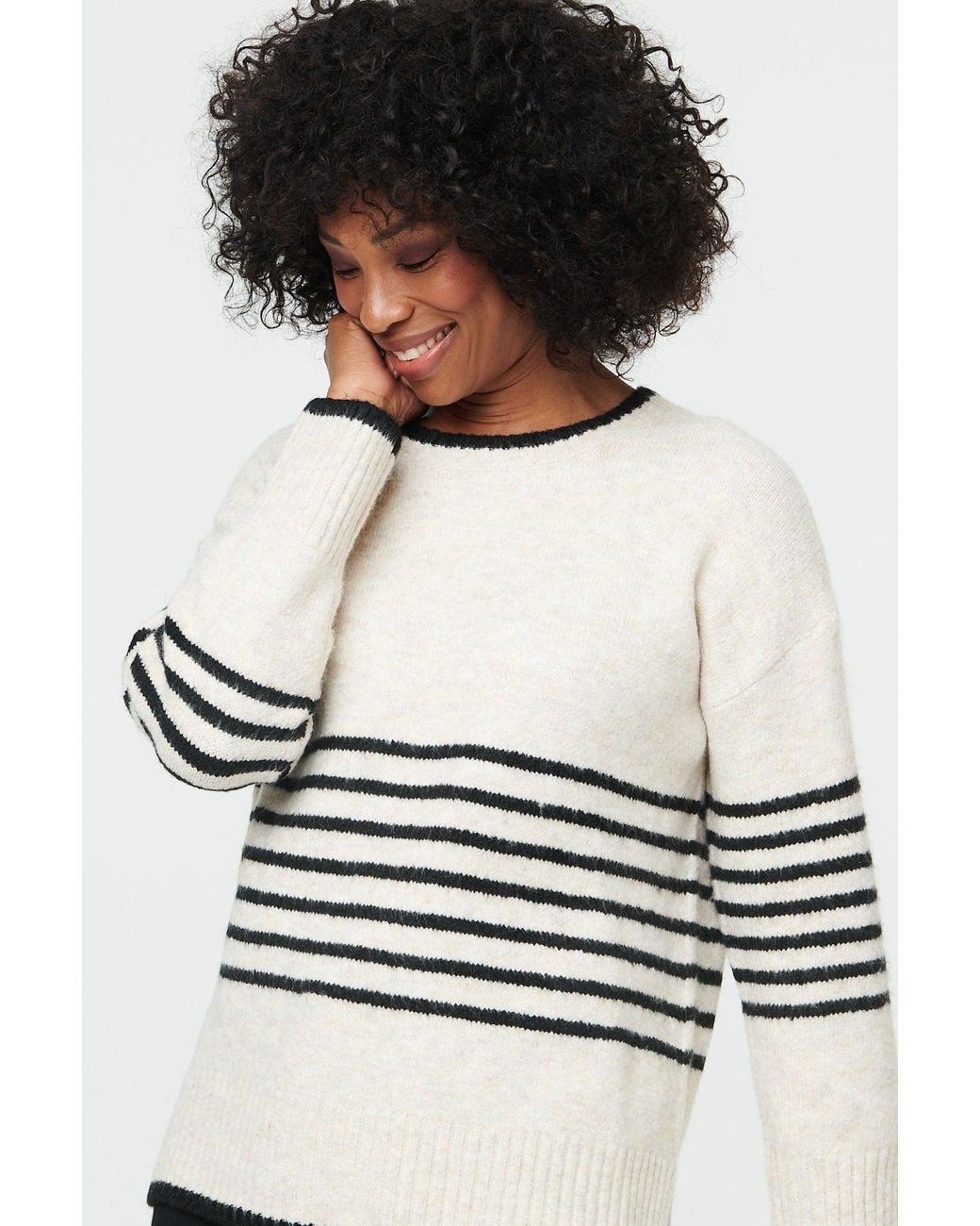 Izabel London White Striped Drop Shoulder Textured Jumper