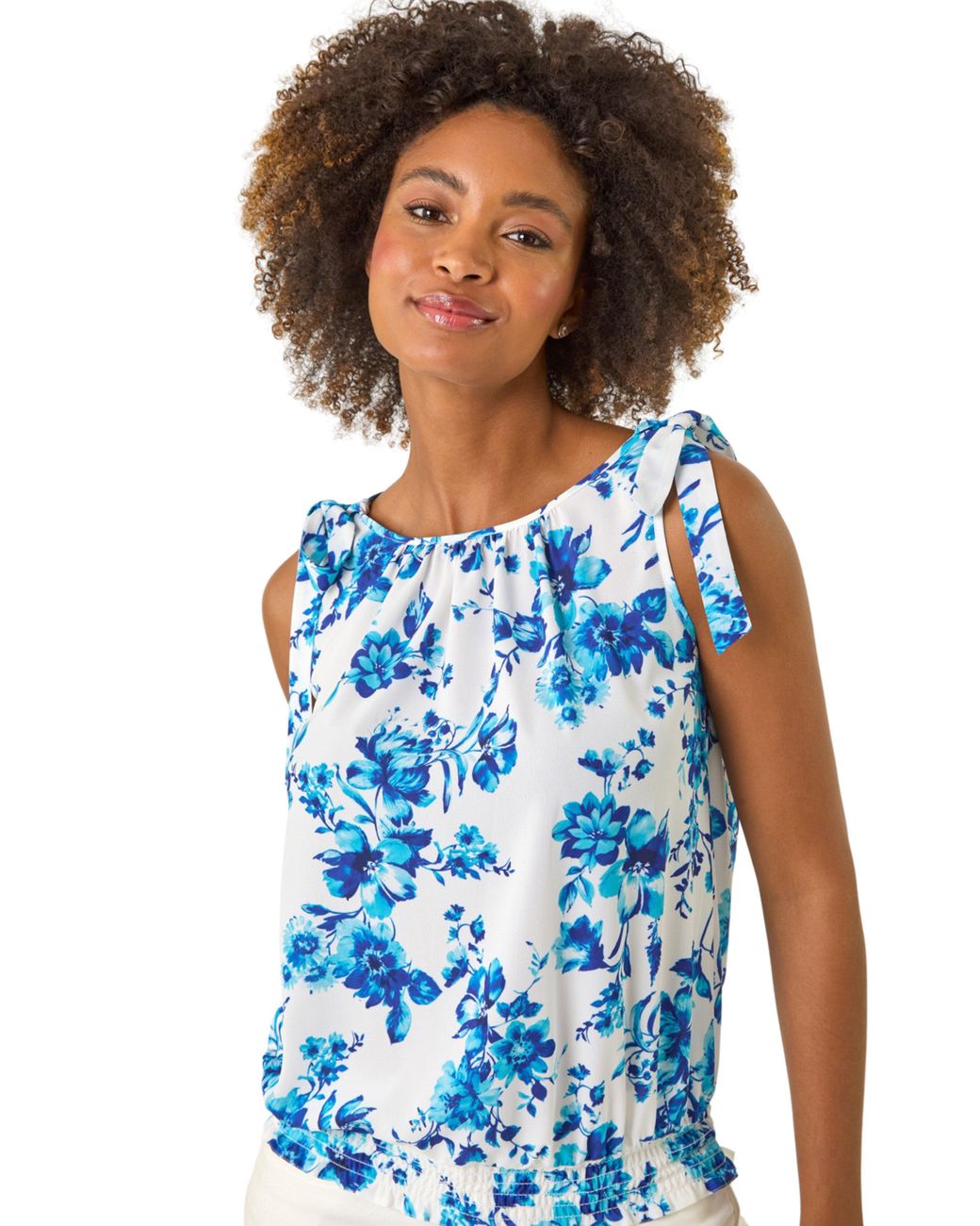 Roman Blue Floral Print Bow Detail Stretch Top