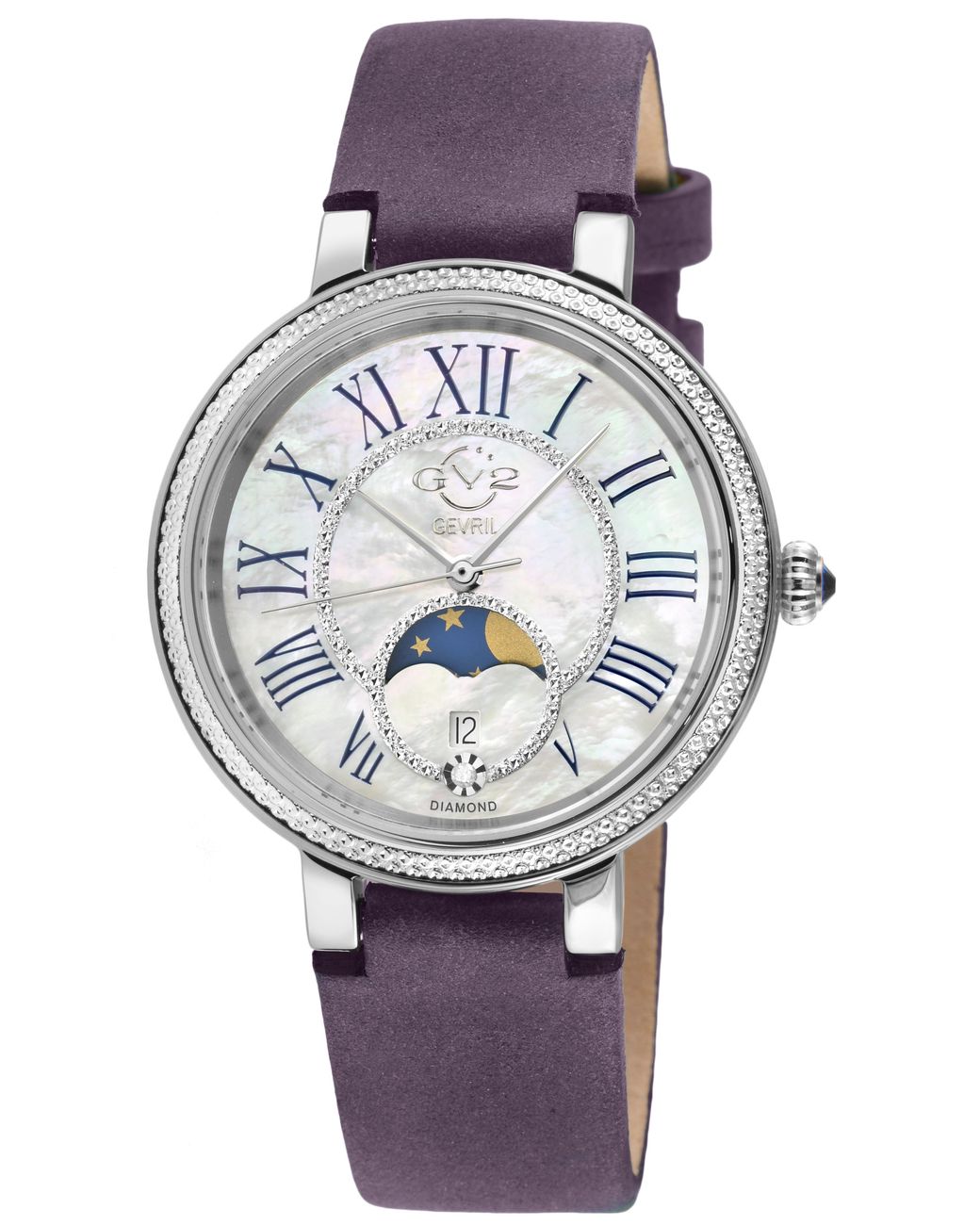 Gv2 Gray Genoa Ss Case Mop Dial, Authentic Handmade Plum Leather Strap Watch