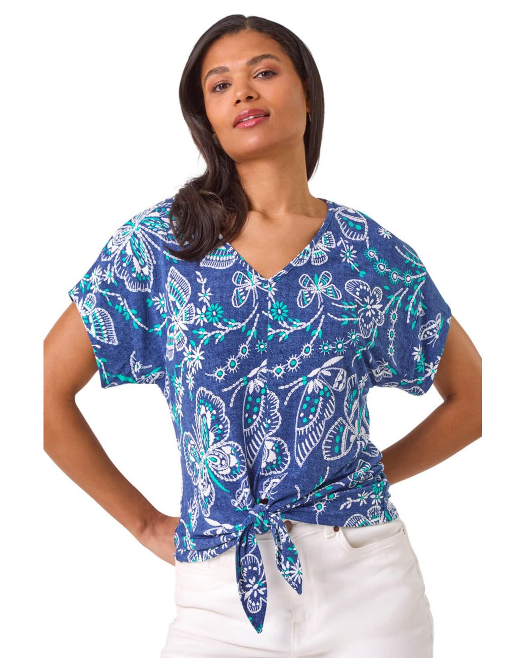 Roman Blue Textured Print Tie Hem Top