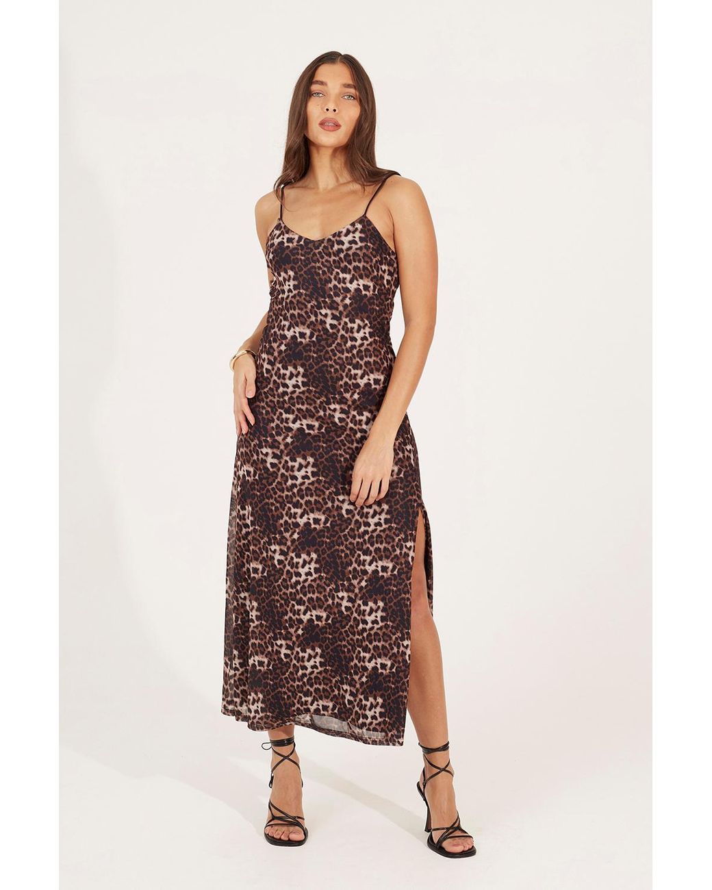 Brave Soul Brown Strappy Leopard Print Maxi Dress With Split