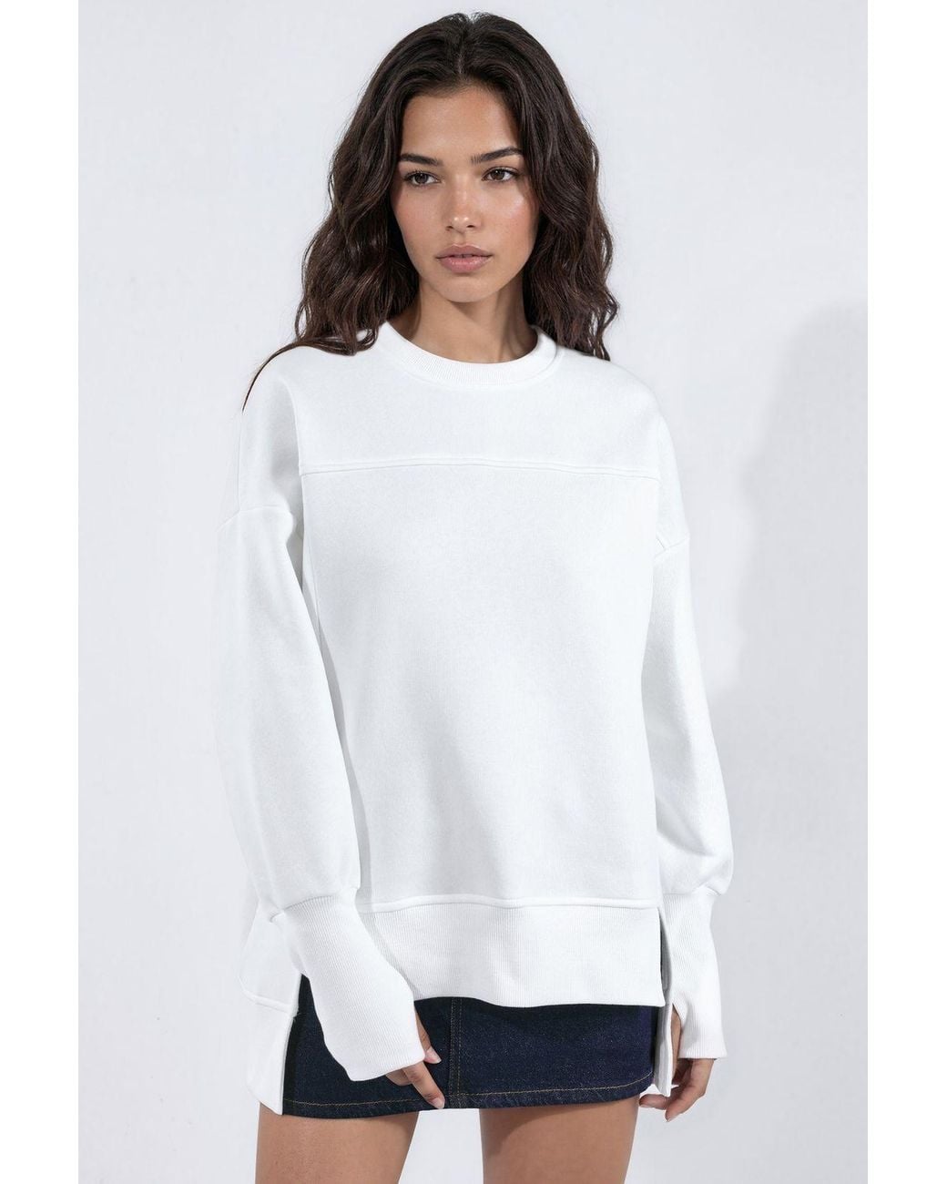Hiccup White Crew Neck Oversized Sweatshirt With Front Slit
