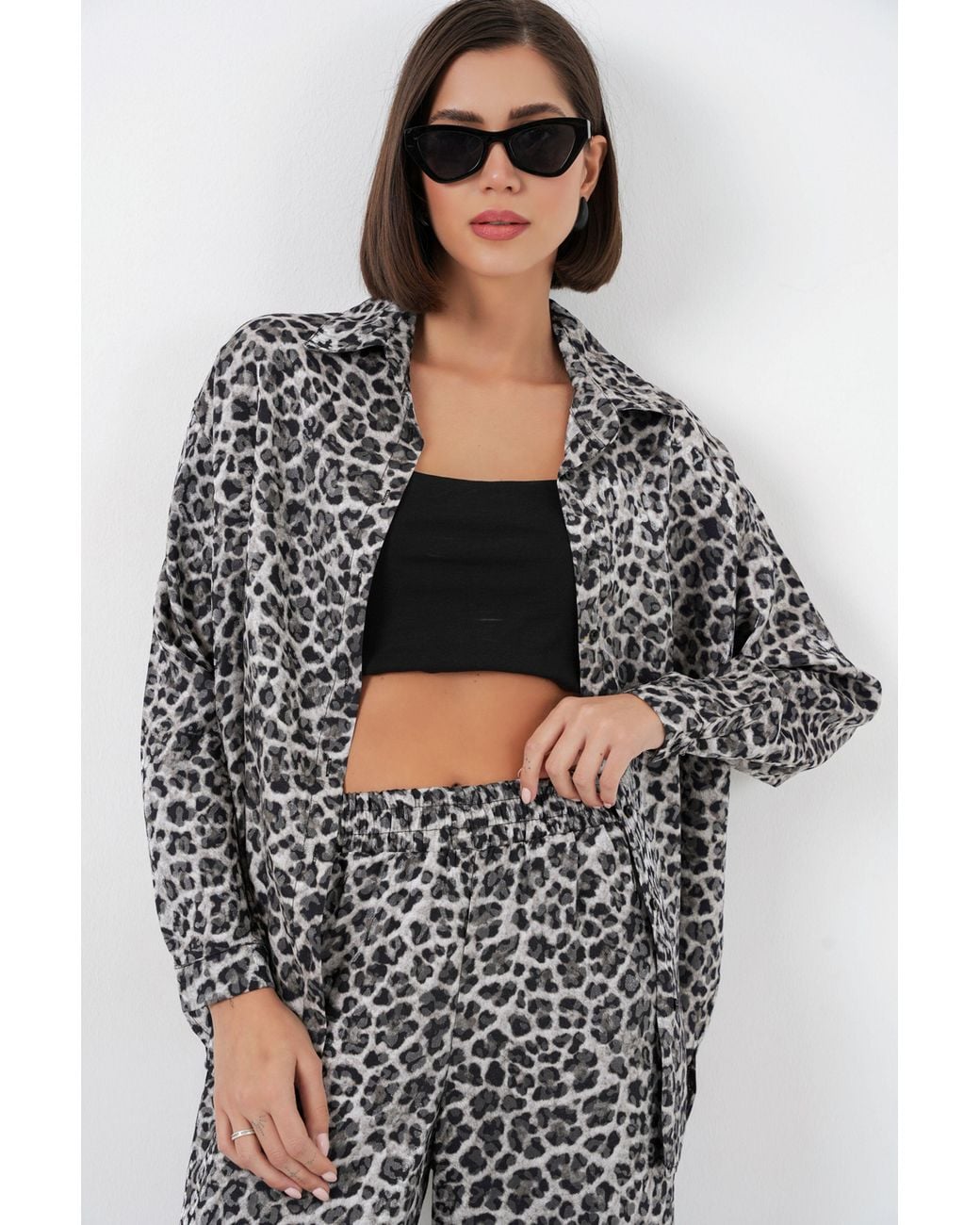 Bigdart Gray Leopard Print Button-Up Shirt And Wide Leg Pants Satin Two-Piece Set