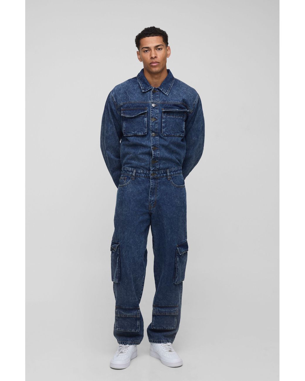 BoohooMAN Blue Long Sleeve Relaxed Washed Cargo Denim Boilersuit for men
