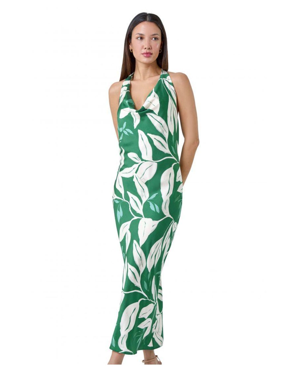 Roman Green Floral Print Satin Bias Cut Bodycon Dress