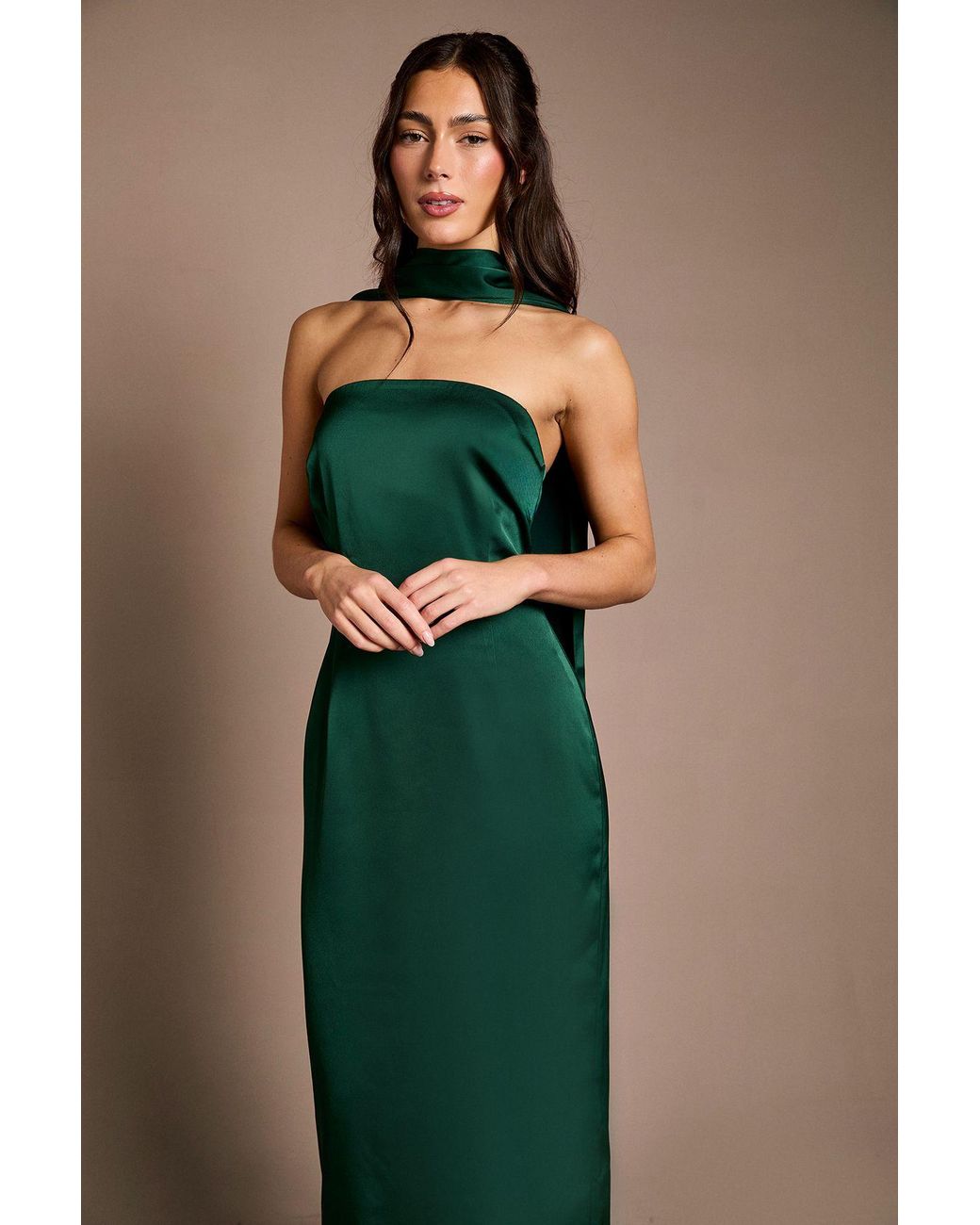Oasis Green Bandeau Satin Bridesmaid Maxi Dress With Scarf