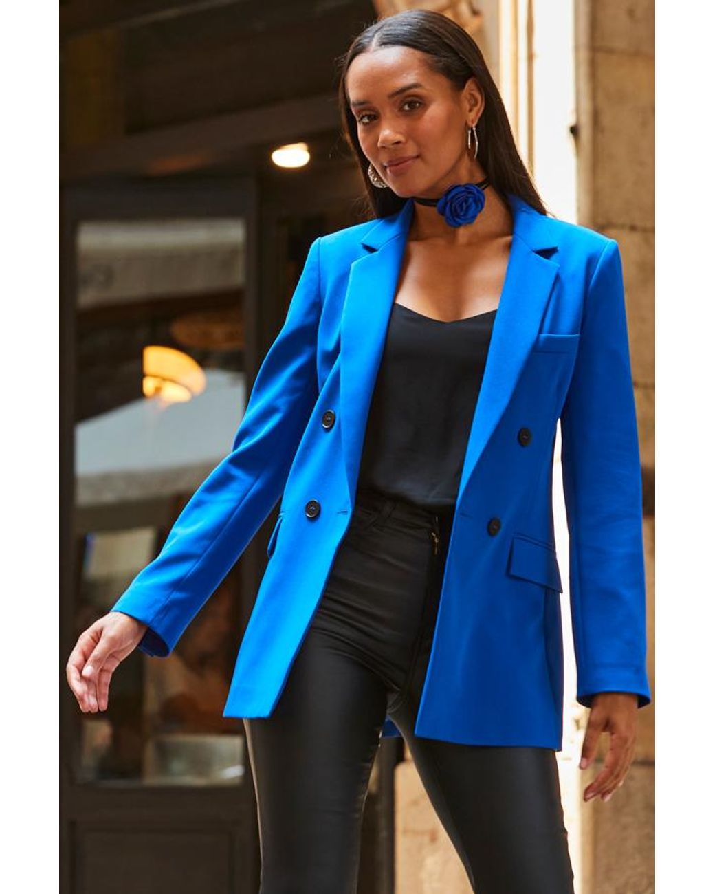 Sosandar Blue Cobalt Relaxed Fit Double Breasted Blazer