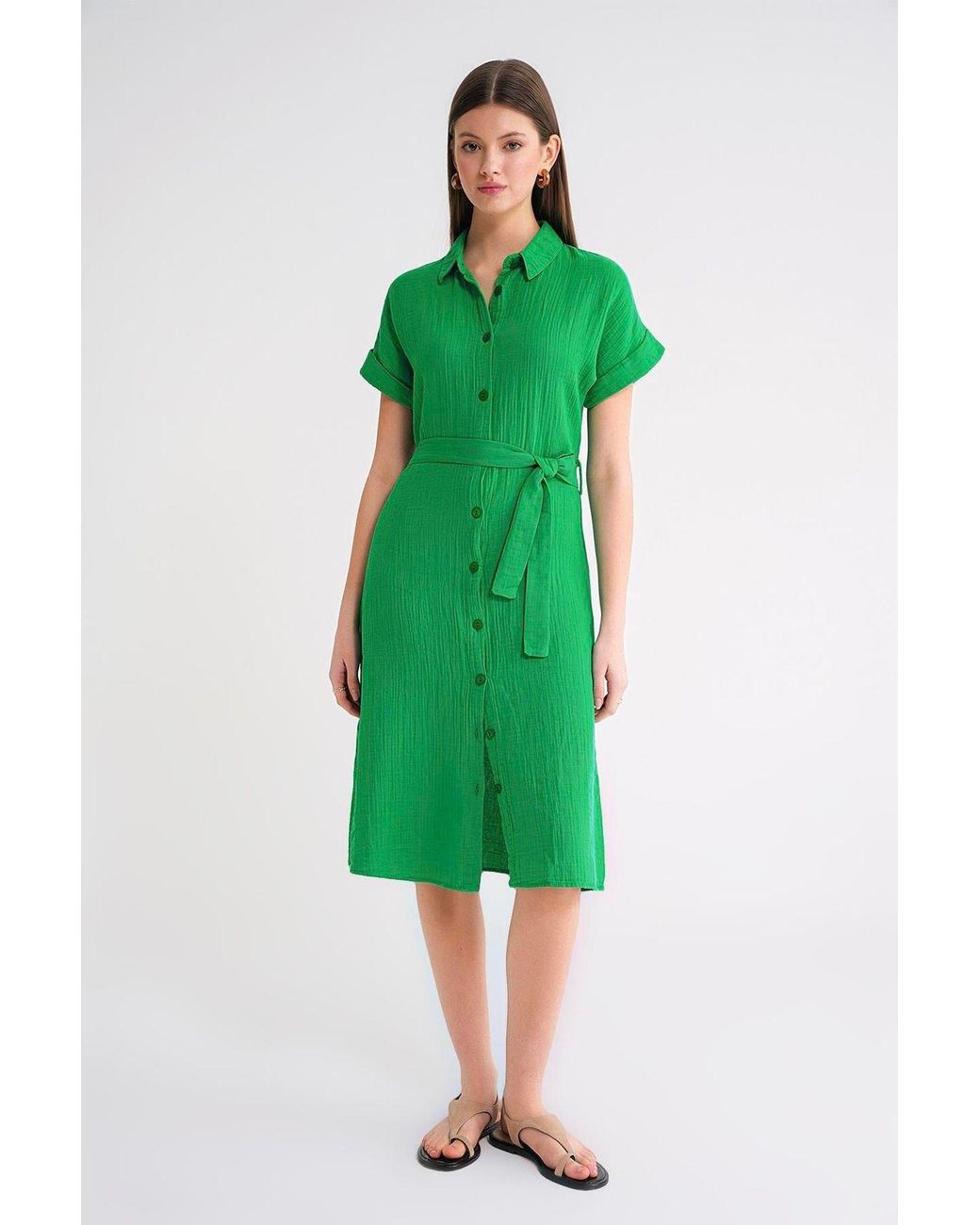 MixRay Green Relaxed Fit Midi Dress With Shirt Collar And Buttons