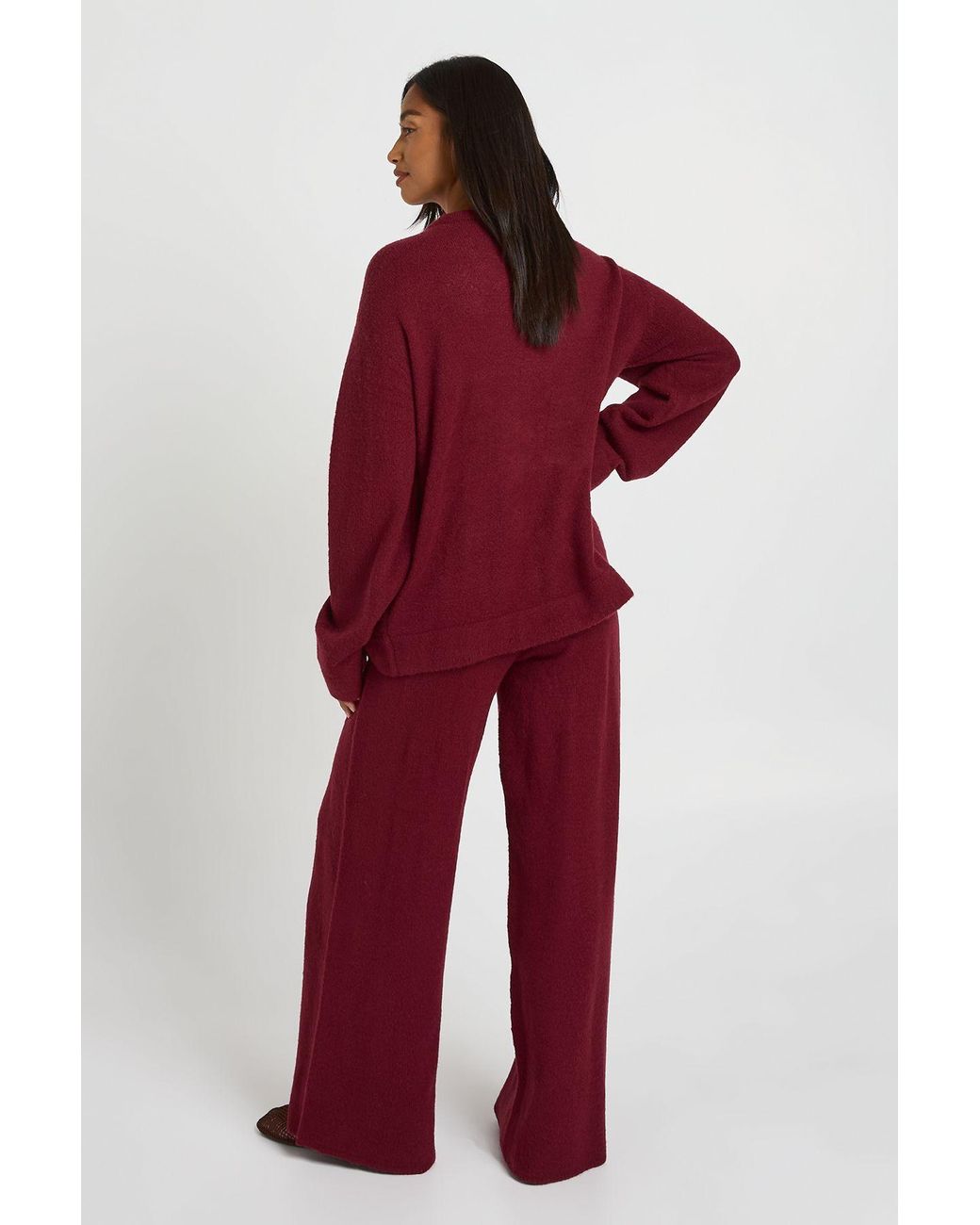 Boohoo Red Petite V Neck Detail Jumper And Wide Leg Trouser Co-Ord