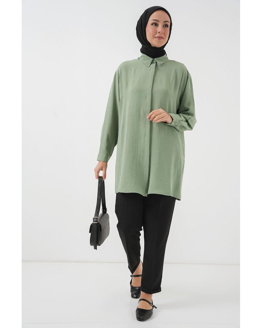 Bigdart Green Oversized Long Sleeve Button-Up Blouse With Shirt Collar