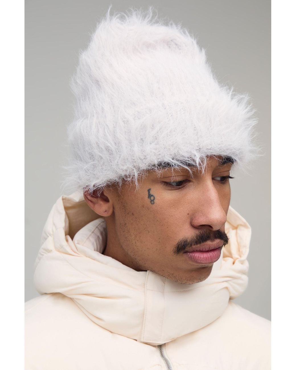 BoohooMAN Natural Ribbed Fluffy Beanie for men