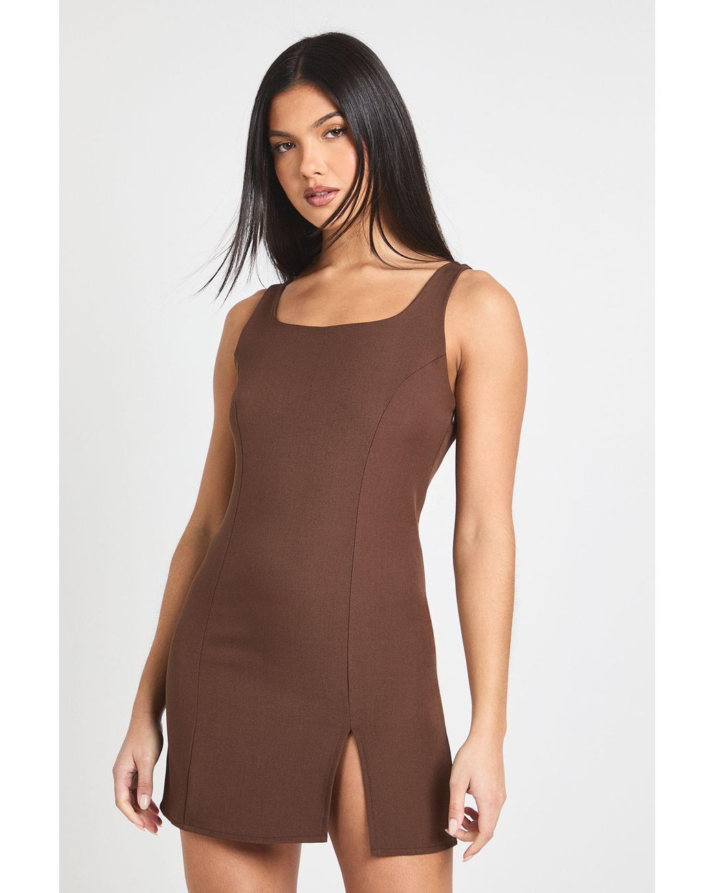 Boohoo Brown Tailored Square Neck Mini Dress