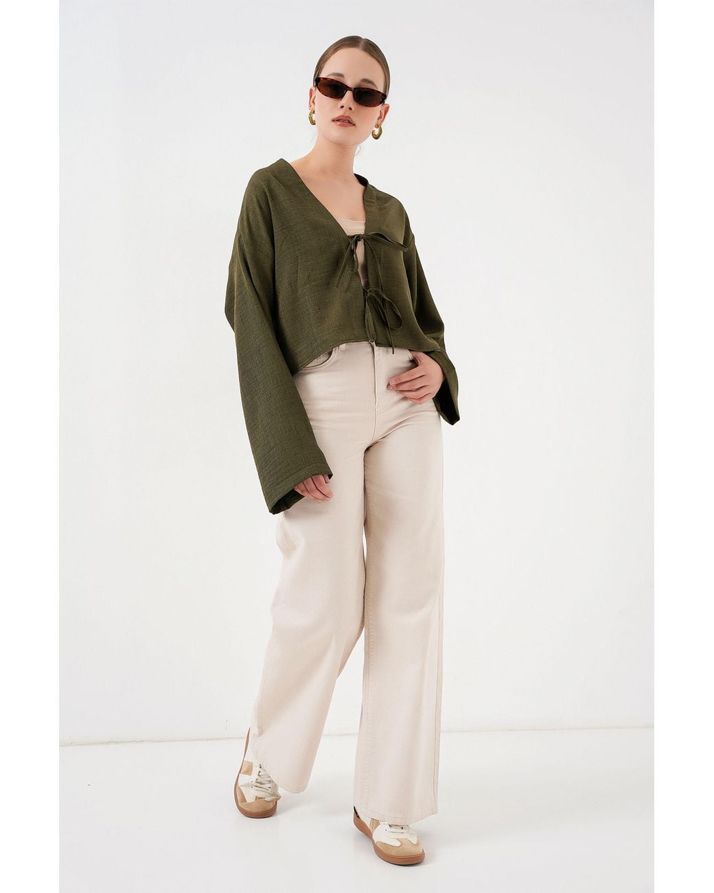 Bigdart Green Viscose Blend V-Neck Long Sleeve Kimono With Binding Detail