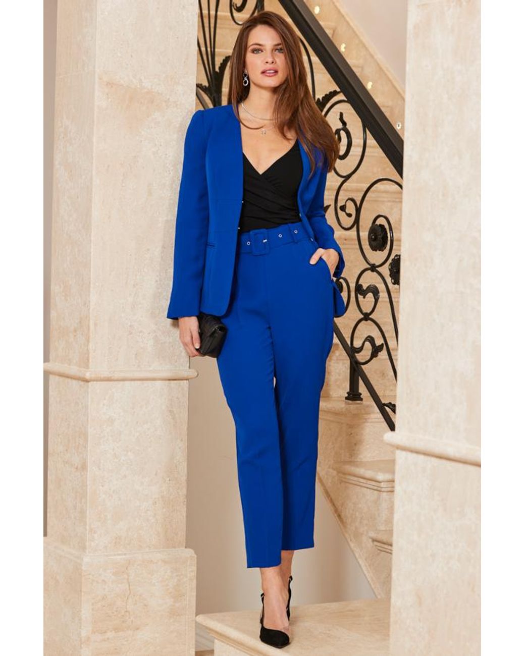 Sosandar Blue Cobalt Belted Tuxedo Trousers